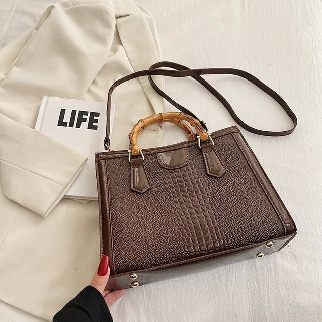 High Quality Leather Shoulder Bag For Women Luxury Alligator Handbag Designer Women Bag Retro Bamboo Handle Tote Bag Female - Korvel