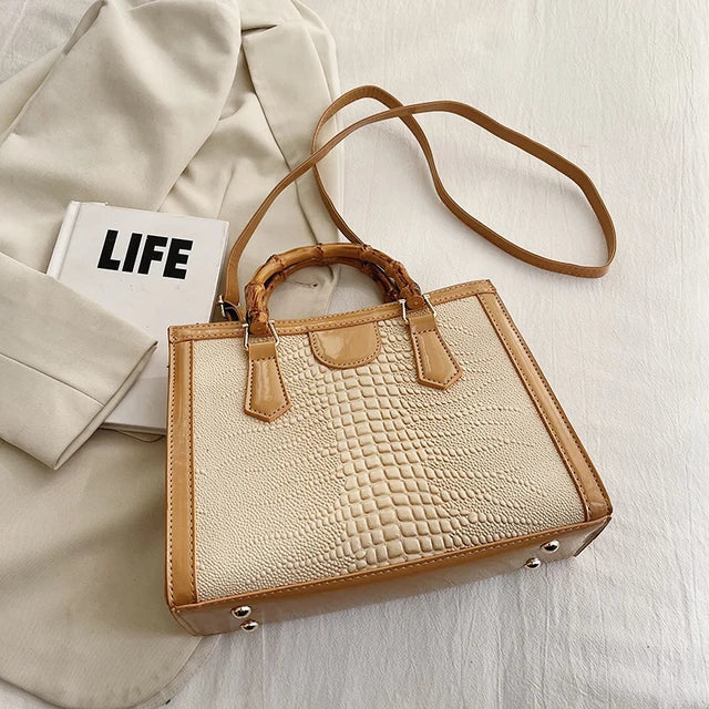 High Quality Leather Shoulder Bag For Women Luxury Alligator Handbag Designer Women Bag Retro Bamboo Handle Tote Bag Female - Korvel