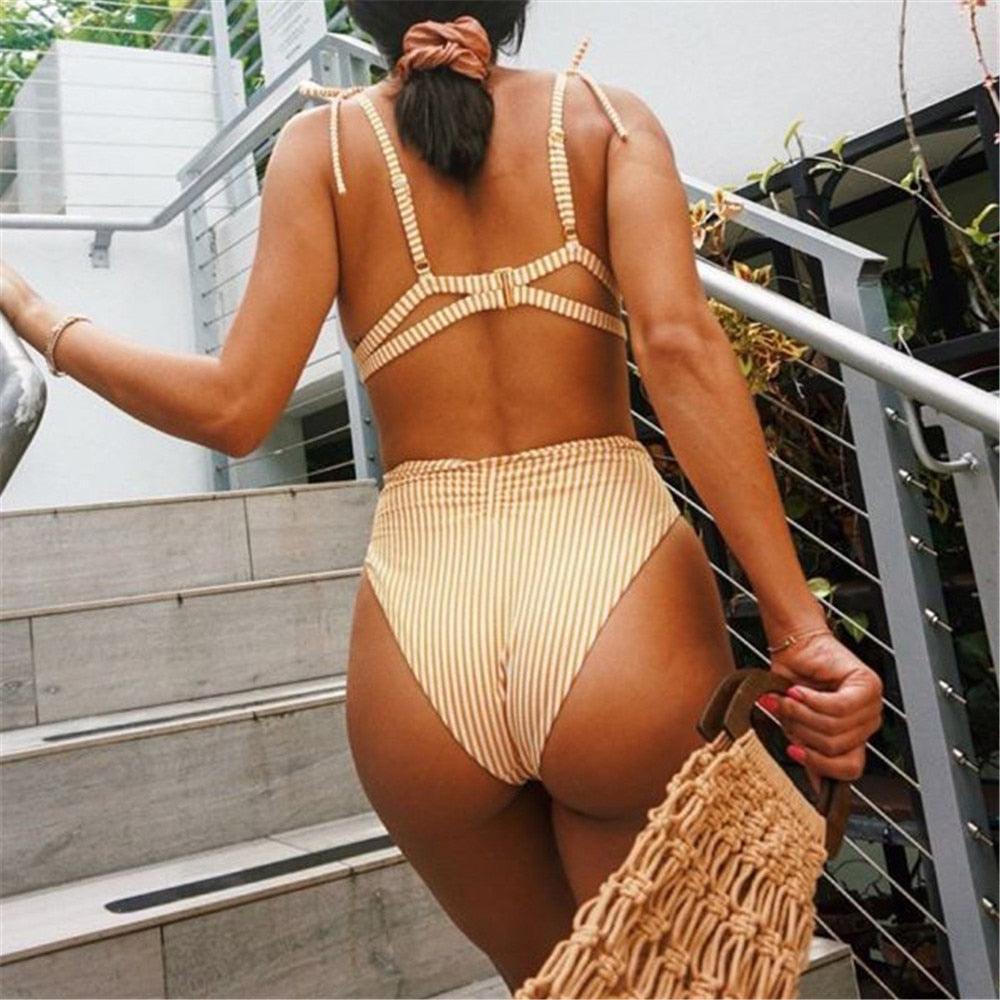 High Waist Stripe Bikini Set for Women