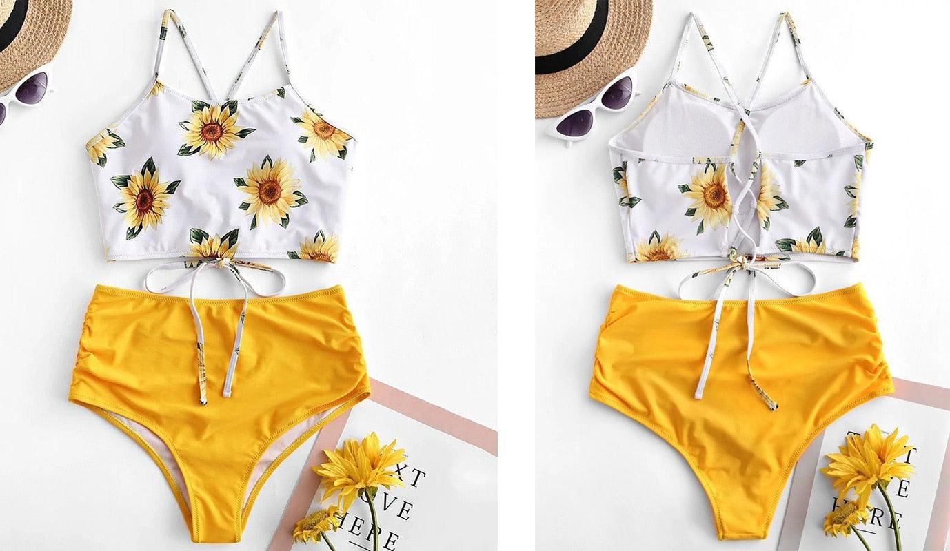 Conjunto de Bikini Floral de Cintura Alta para Mujeres