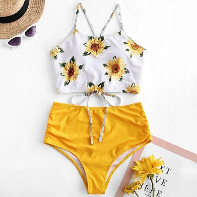 Conjunto de Bikini Floral de Cintura Alta para Mujeres