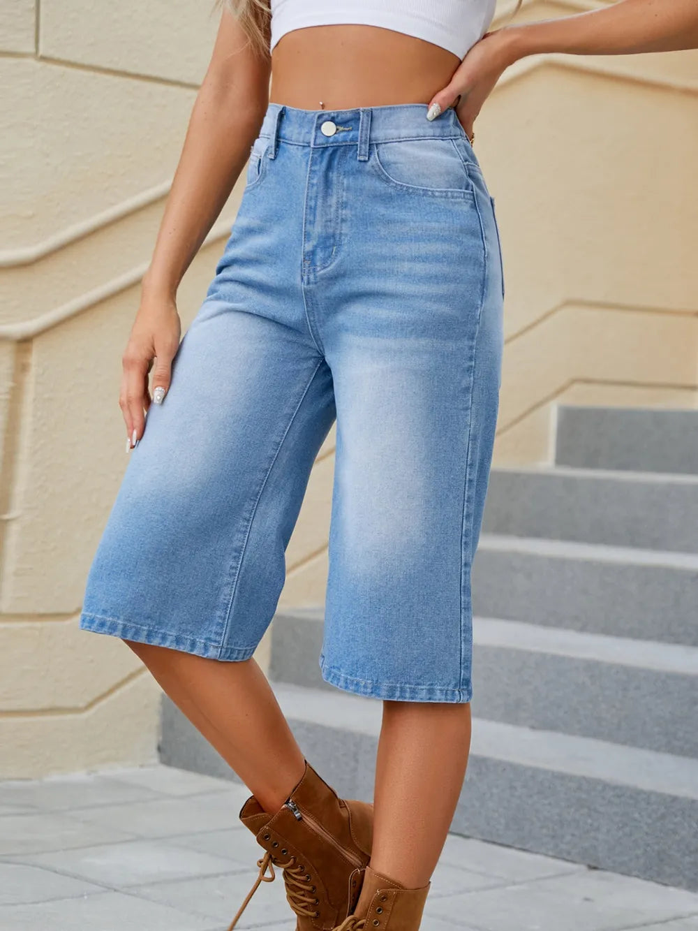 Premium High Waist Denim Shorts with Pockets