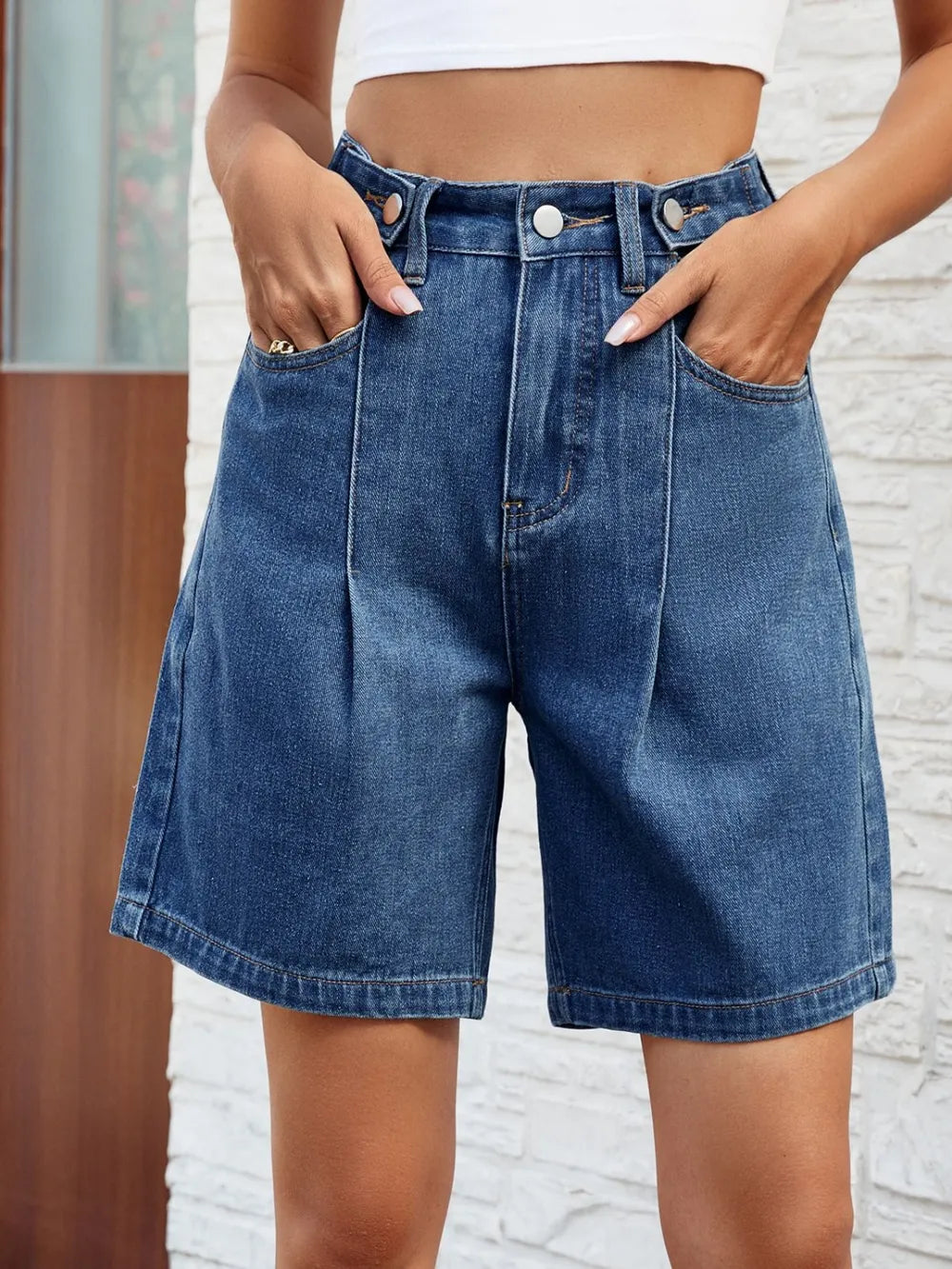 High Waist Denim Shorts with Pockets - Korvel