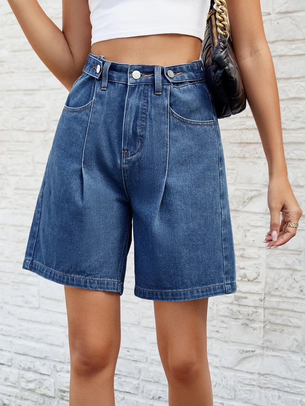 High Waist Denim Shorts with Pockets - Korvel