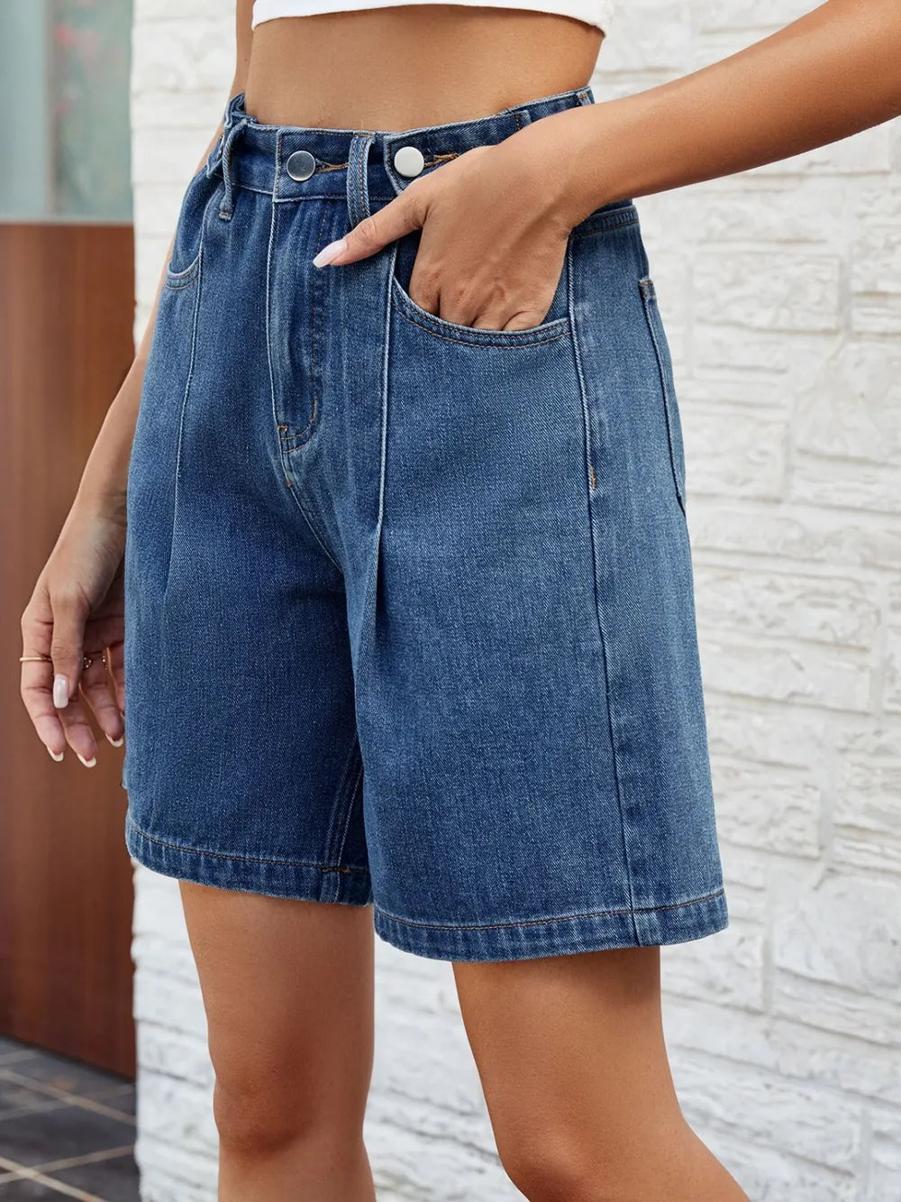 High Waist Denim Shorts with Pockets - Korvel