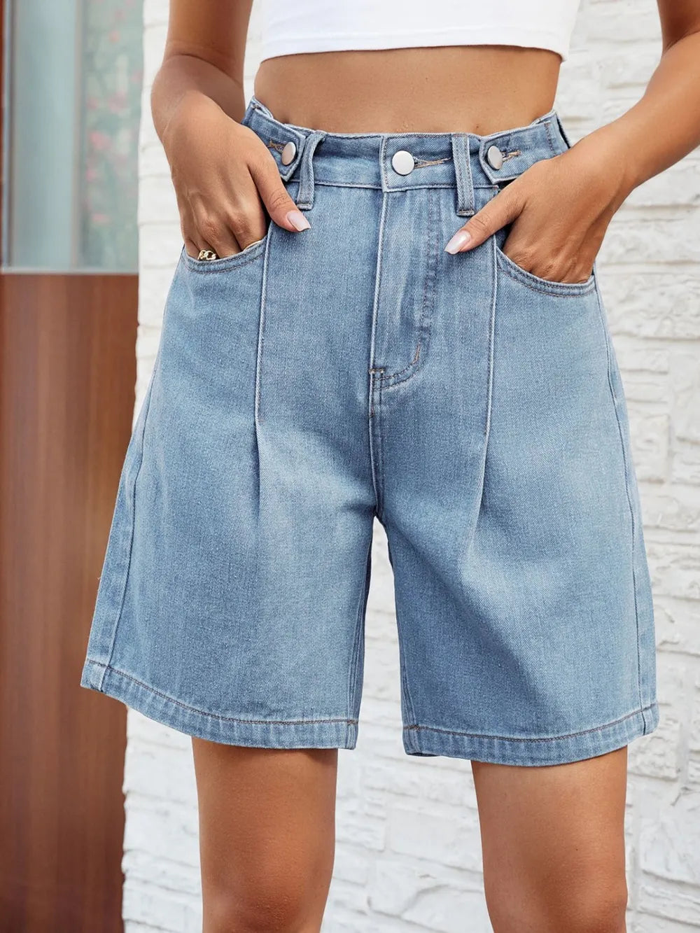 High Waist Denim Shorts with Pockets - Korvel