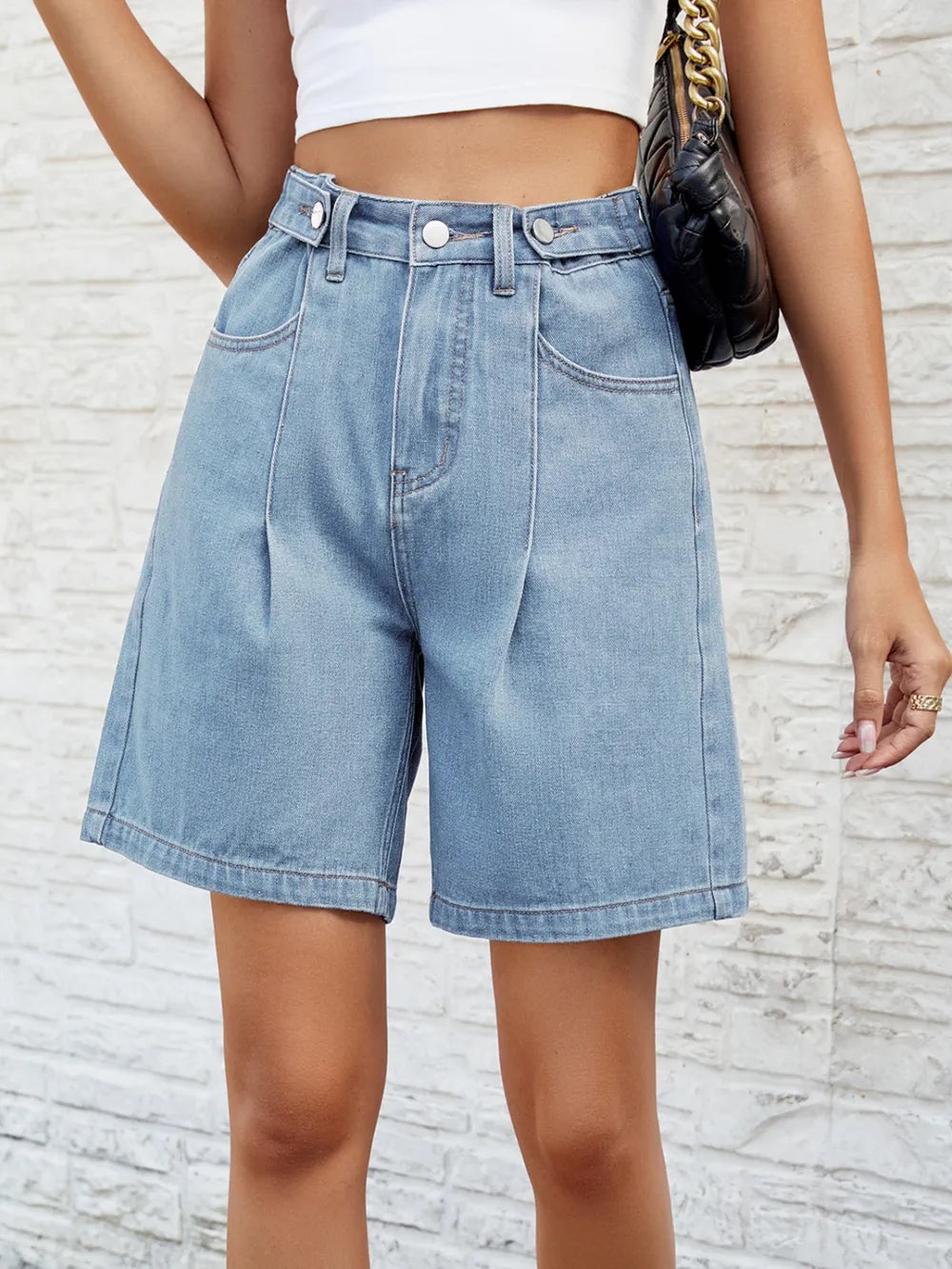 High Waist Denim Shorts with Pockets - Korvel