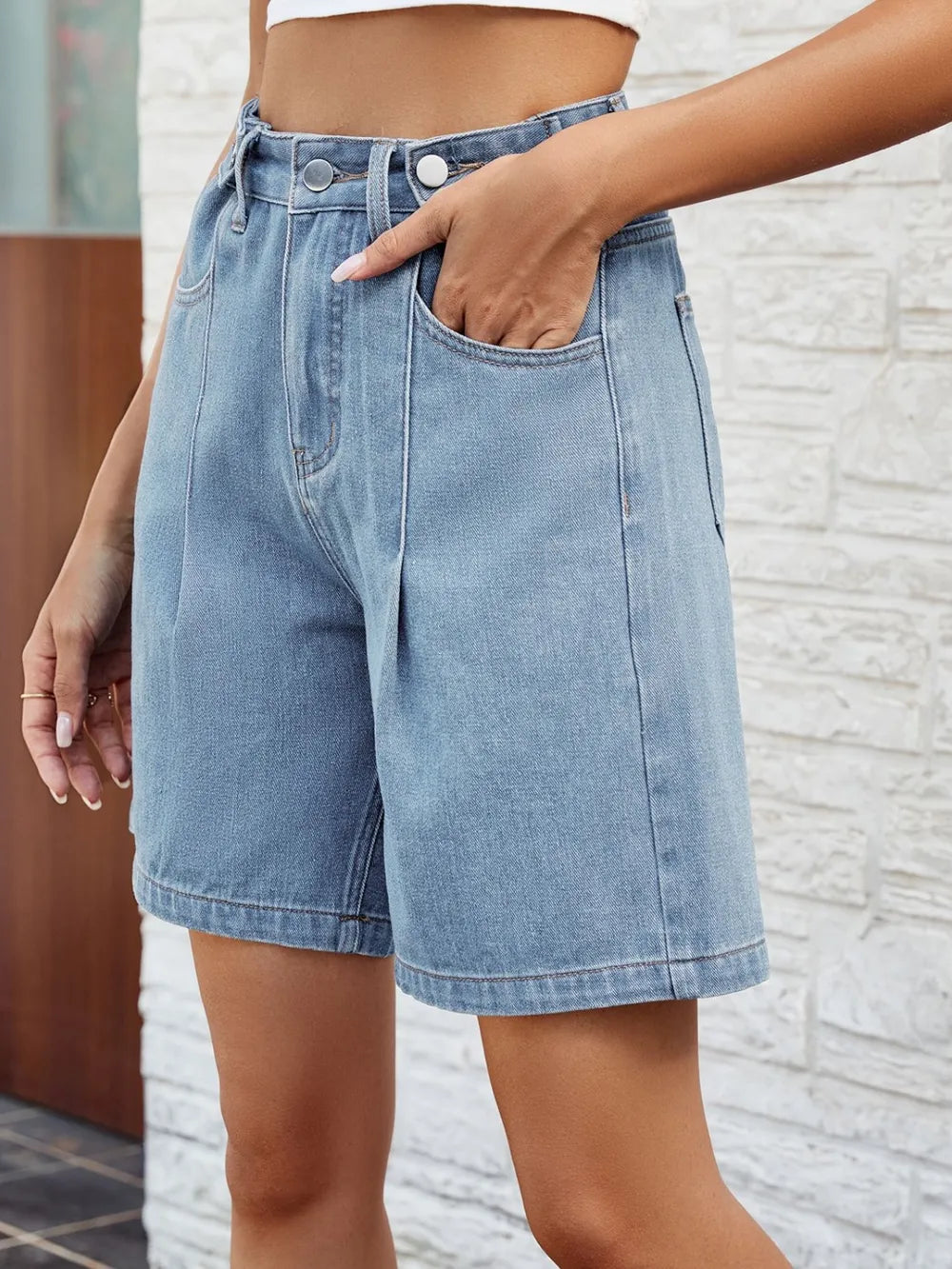 High Waist Denim Shorts with Pockets - Korvel