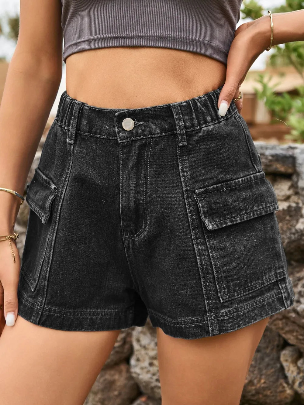 Shorts en denim taille haute premium avec poches