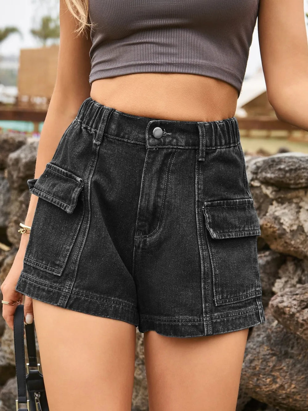 Shorts en denim taille haute premium avec poches
