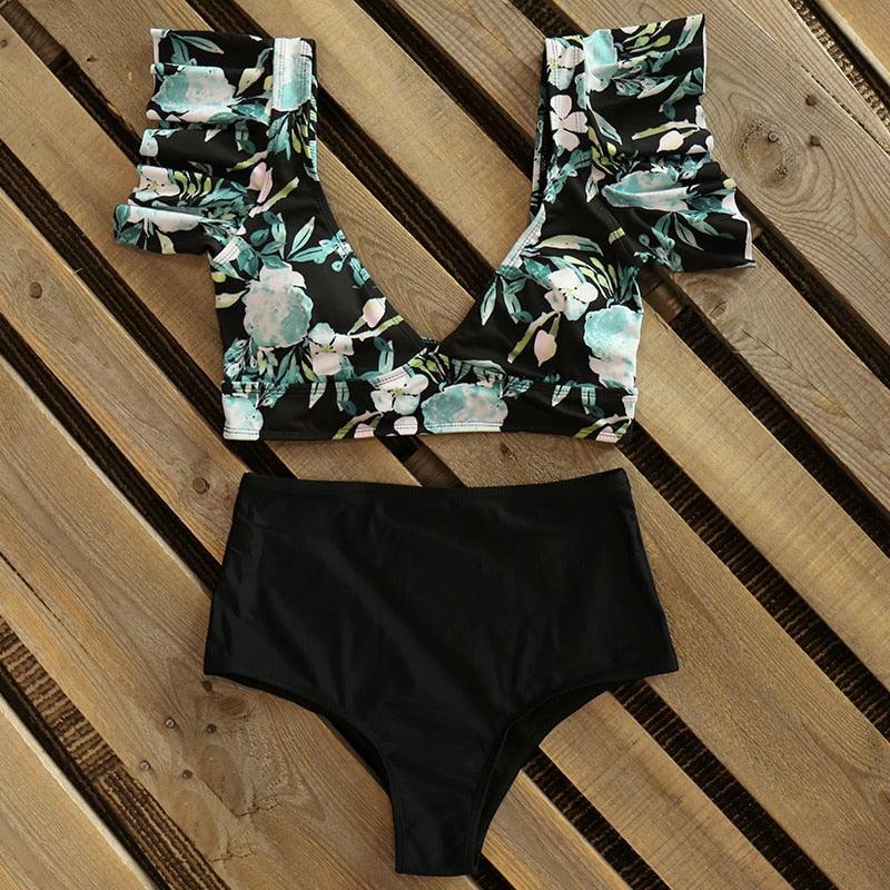 Conjunto de Bikini de Cintura Alta con Volantes para Mujeres