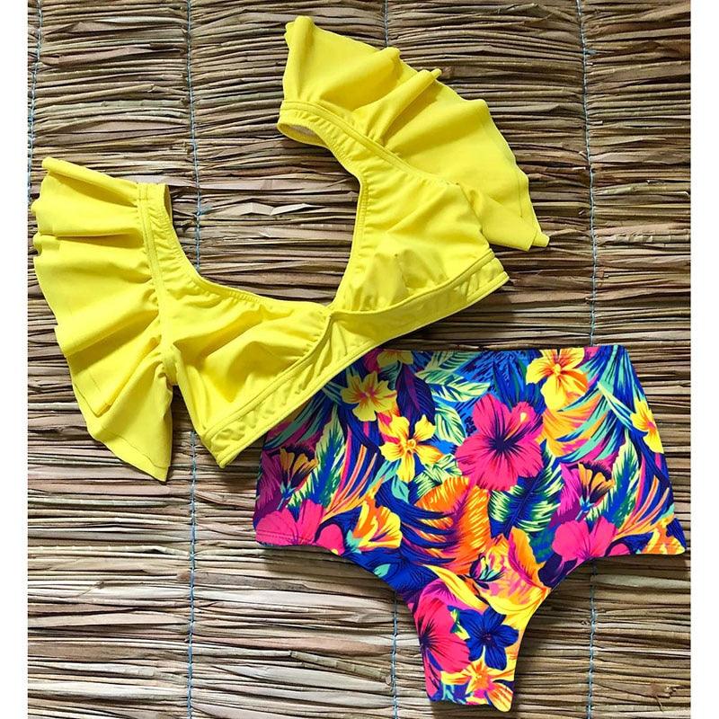 Conjunto de Bikini de Cintura Alta con Volantes para Mujeres