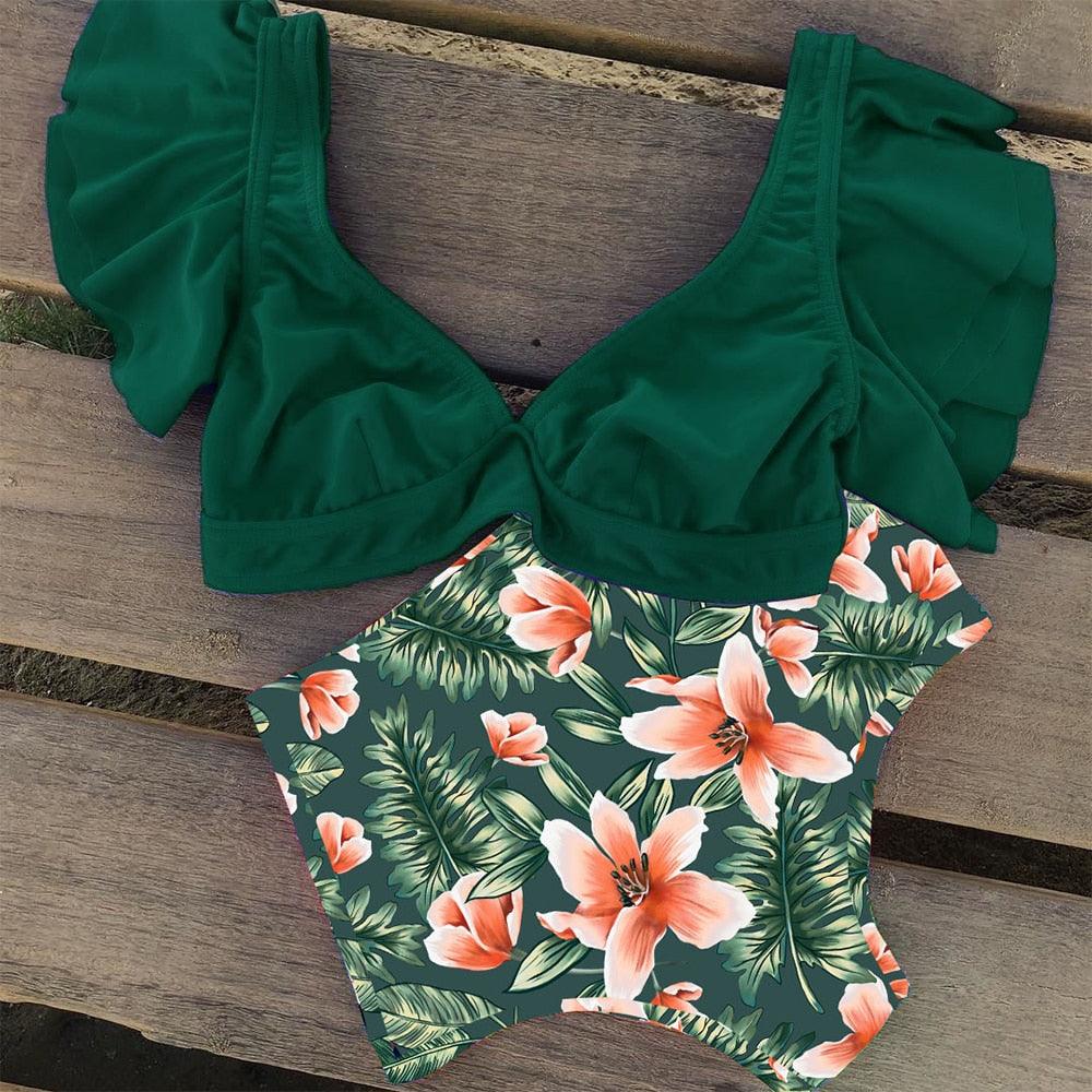Conjunto de Bikini de Cintura Alta con Volantes para Mujeres
