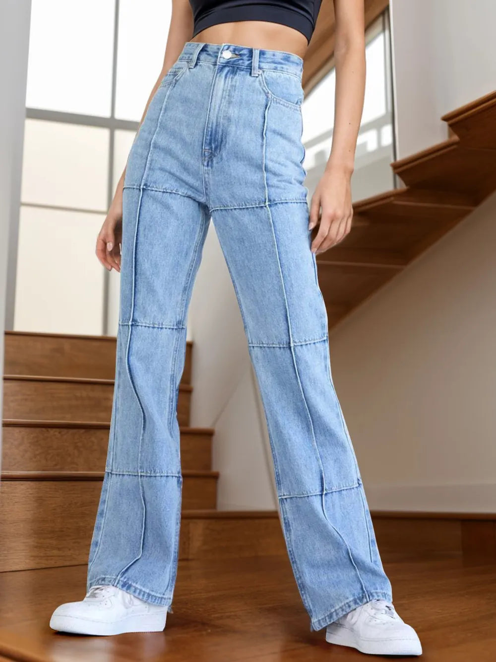 Jeans Rectos de Cintura Alta con Bolsillos