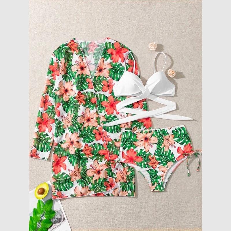 Chic High-Waist Floral Bikini Set - 3-Piece Summer Swimwear for Women - Korvel