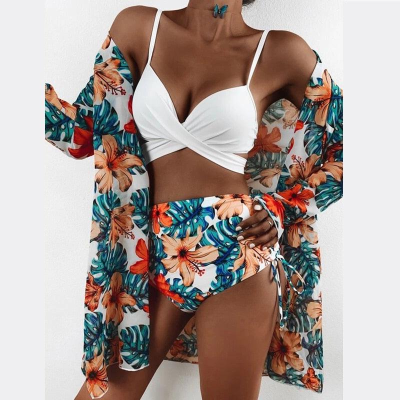 Chic High-Waist Floral Bikini Set - 3-Piece Summer Swimwear for Women - Korvel