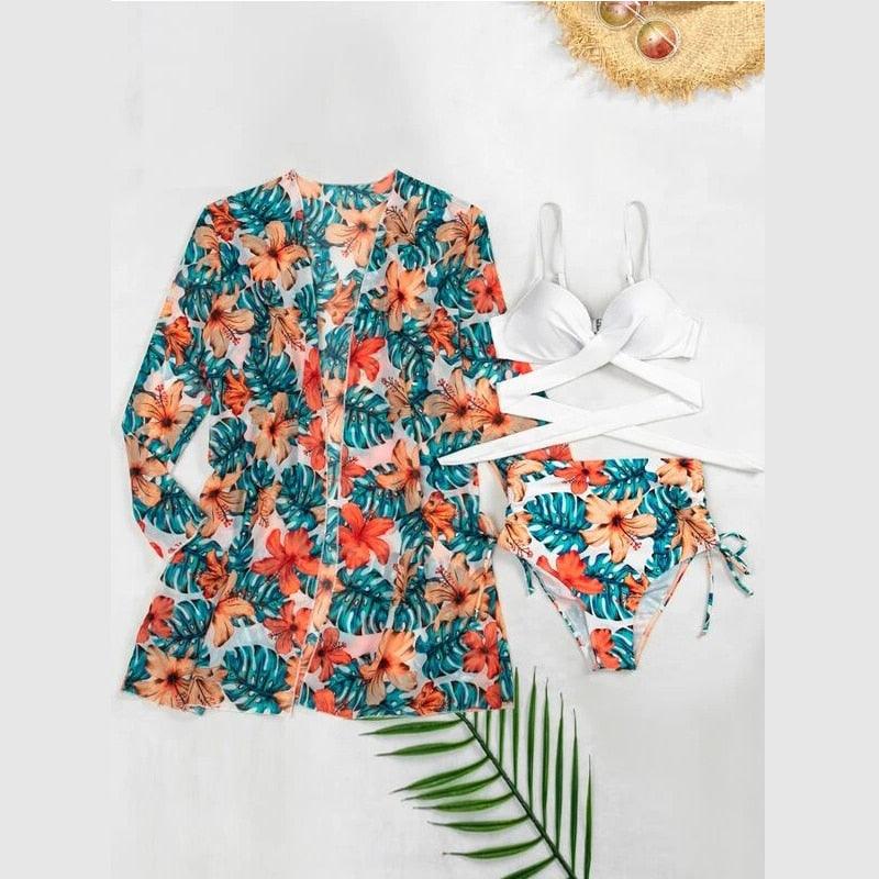 Chic High-Waist Floral Bikini Set - 3-Piece Summer Swimwear for Women - Korvel