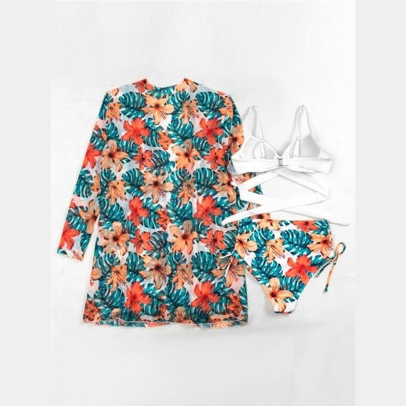 Chic High-Waist Floral Bikini Set - 3-Piece Summer Swimwear for Women - Korvel