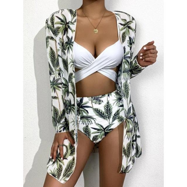 Chic High-Waist Floral Bikini Set - 3-Piece Summer Swimwear for Women - Korvel