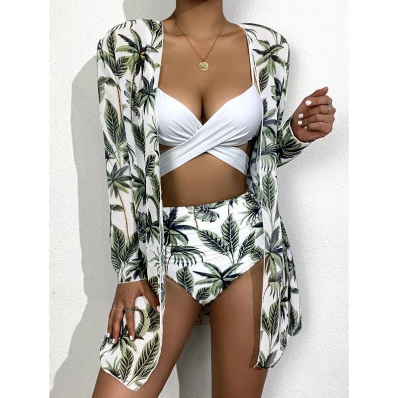 Chic High-Waist Floral Bikini Set - 3-Piece Summer Swimwear for Women - Korvel
