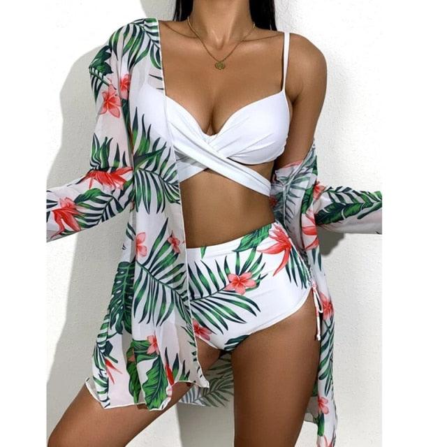 Chic High-Waist Floral Bikini Set - 3-Piece Summer Swimwear for Women - Korvel