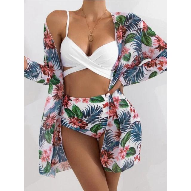 Chic High-Waist Floral Bikini Set - 3-Piece Summer Swimwear for Women - Korvel