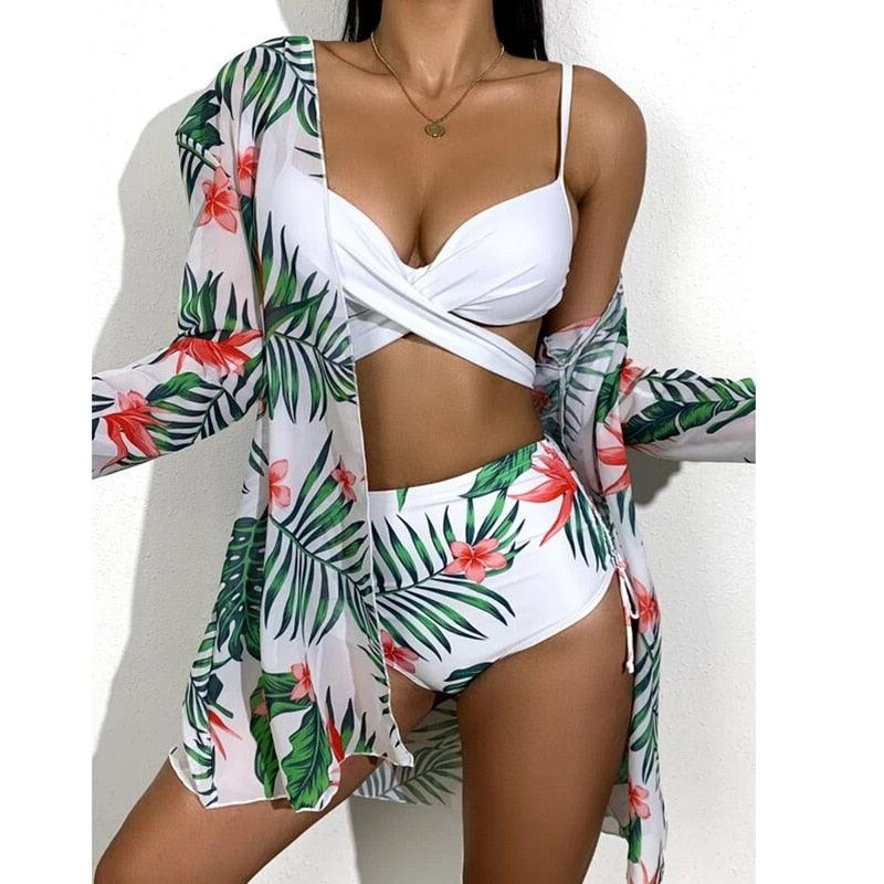 Chic High-Waist Floral Bikini Set - 3-Piece Summer Swimwear for Women - Korvel