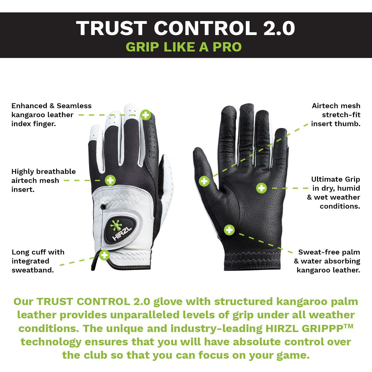 HIRZL Trust Control 2.0 - Golf Gloves - White / Black - Korvel