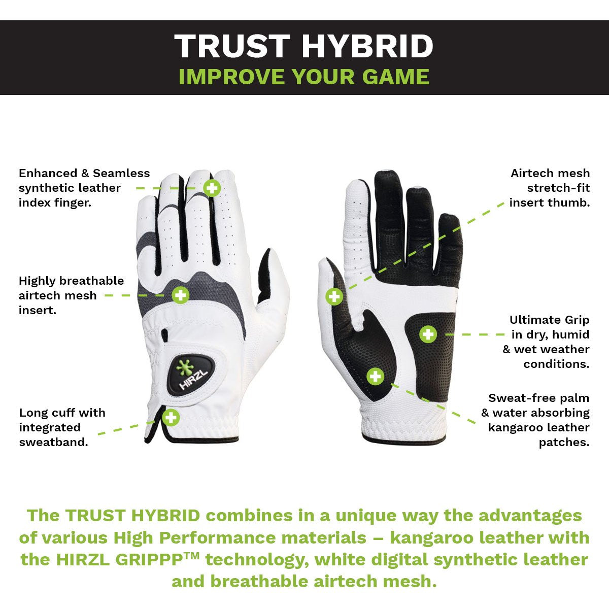 HIRZL Trust Hybrid - Golf Gloves - White / Black - Korvel