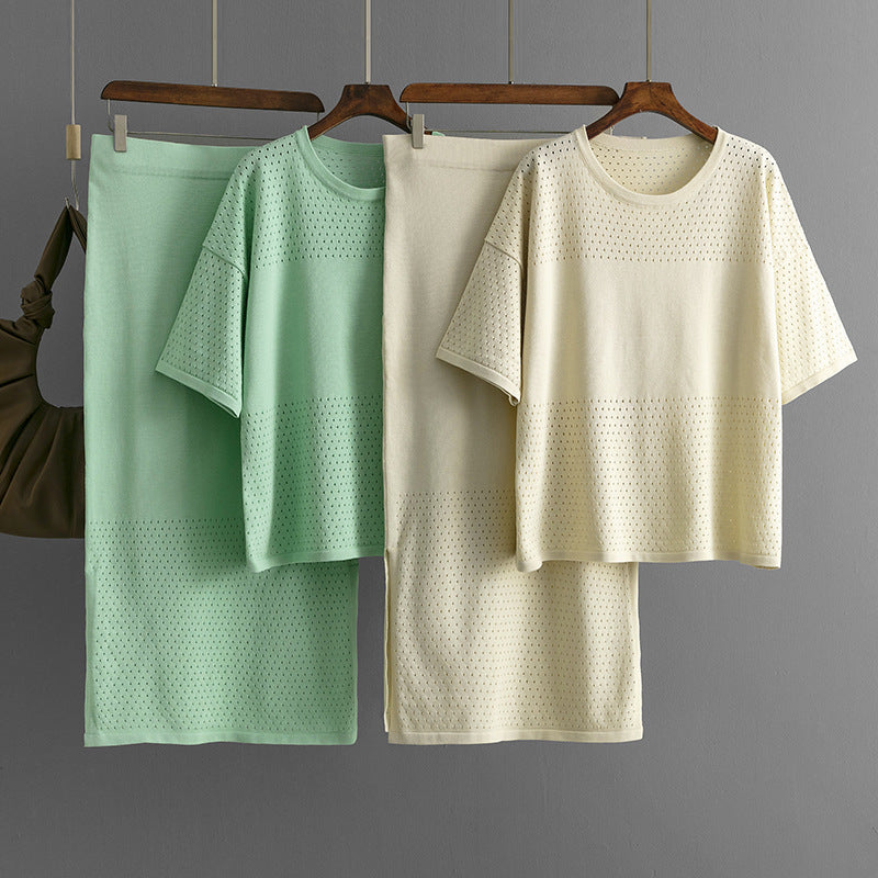 Hollow out short sleeved knitted top half skirt two-piece set women's solid color casual set - Korvel