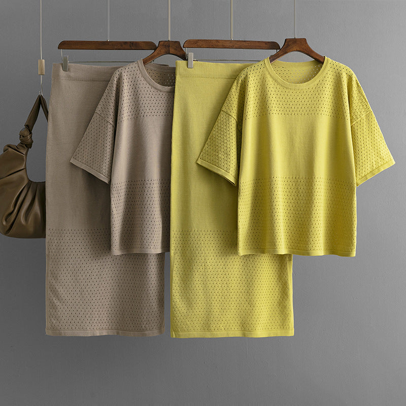 Hollow out short sleeved knitted top half skirt two-piece set women's solid color casual set - Korvel