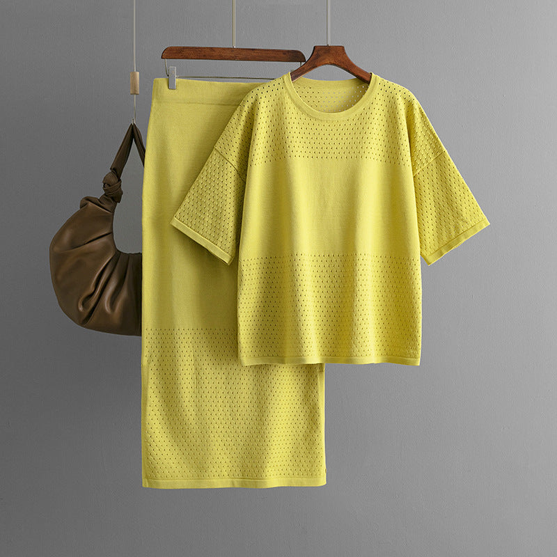 Hollow out short sleeved knitted top half skirt two-piece set women's solid color casual set - Korvel