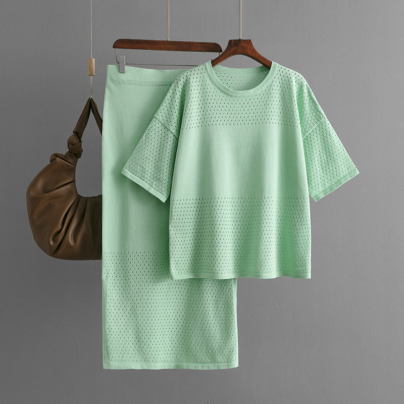 Hollow out short sleeved knitted top half skirt two-piece set women's solid color casual set - Korvel
