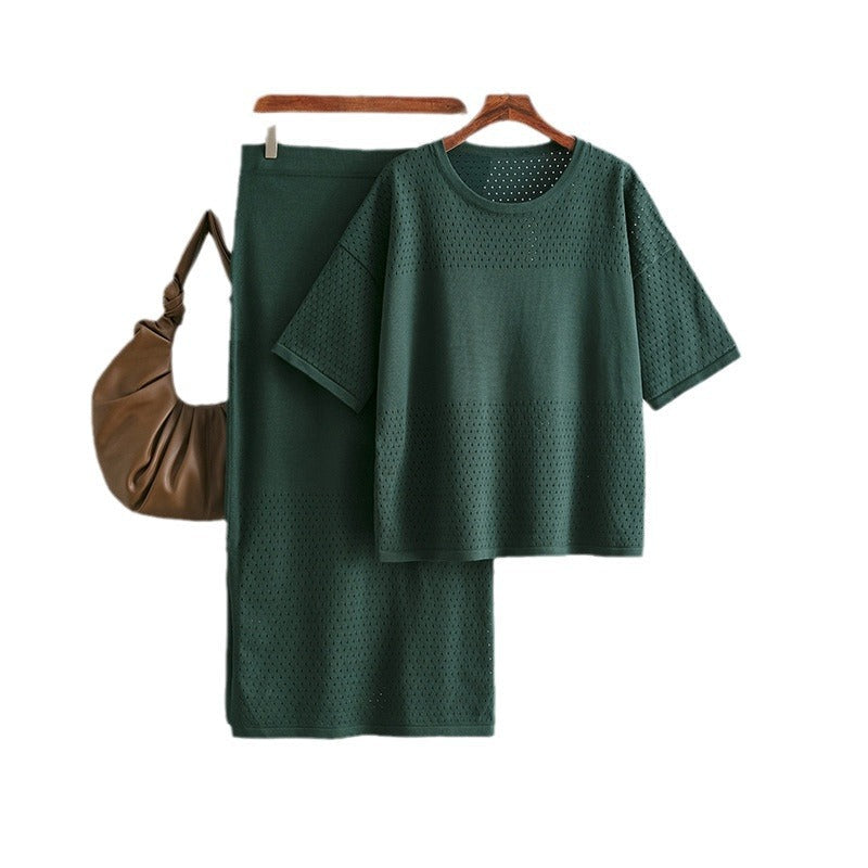 Hollow out short sleeved knitted top half skirt two-piece set women's solid color casual set - Korvel