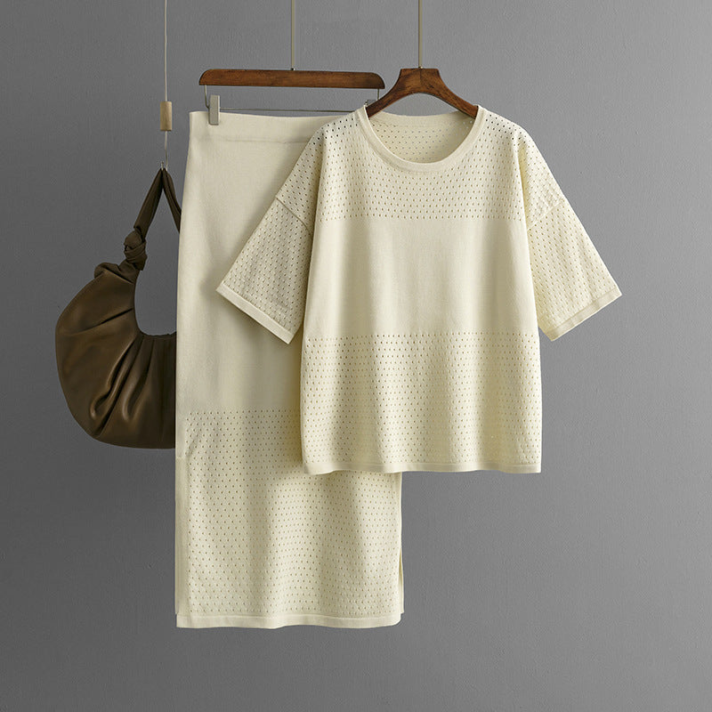 Hollow out short sleeved knitted top half skirt two-piece set women's solid color casual set - Korvel