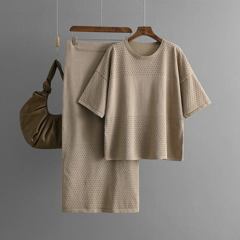 Hollow out short sleeved knitted top half skirt two-piece set women's solid color casual set - Korvel