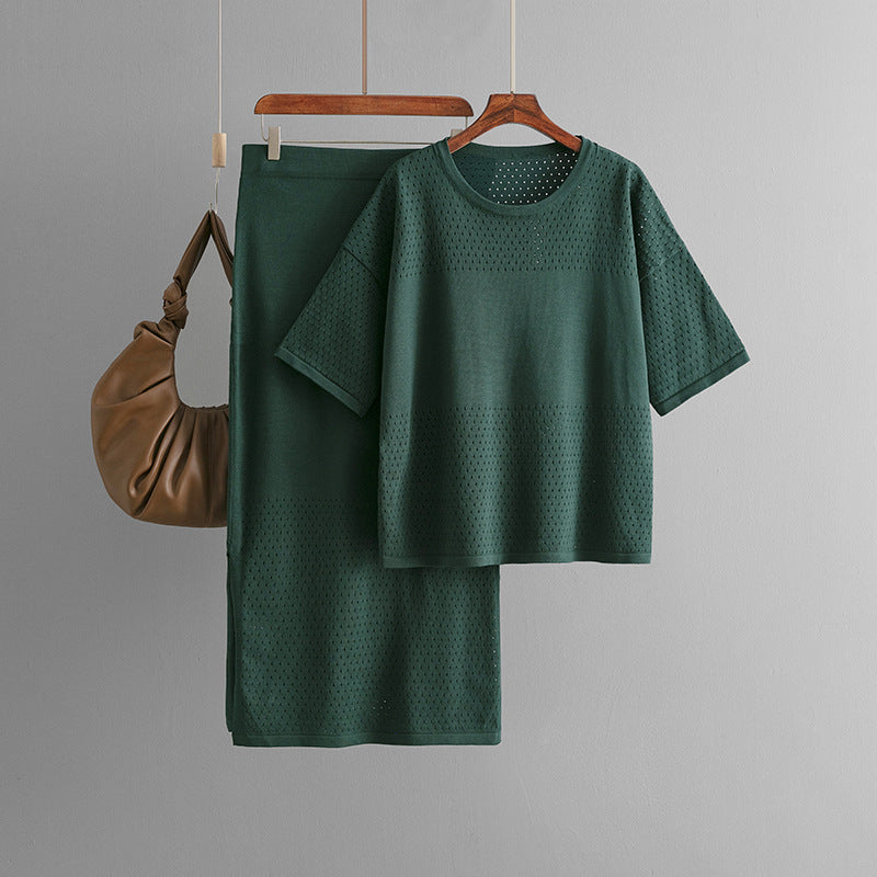 Hollow out short sleeved knitted top half skirt two-piece set women's solid color casual set - Korvel