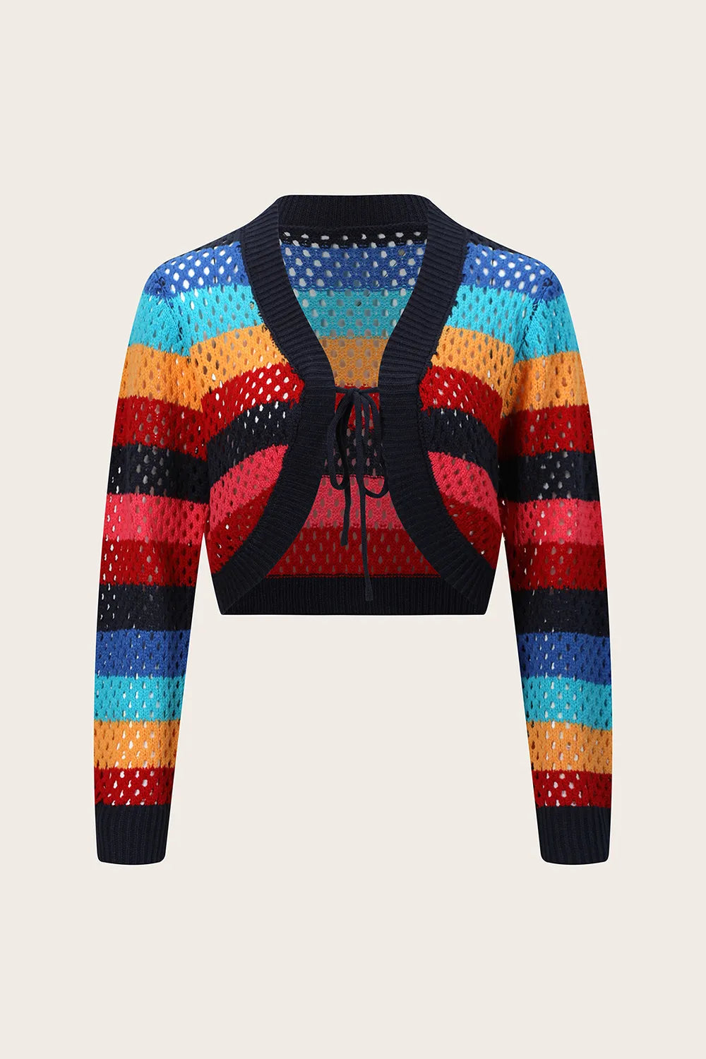 Contrasting Striped Hollow Out Women's Knitted Cardigan