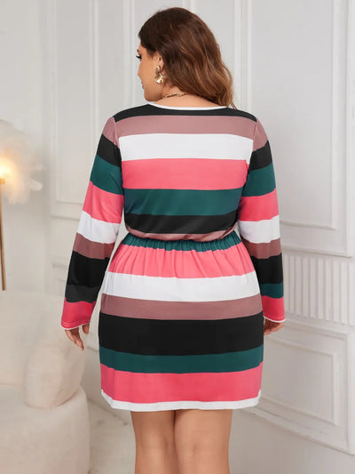 Robe Mini à Manches Longues à Rayures V-Cou Grande Taille Honey