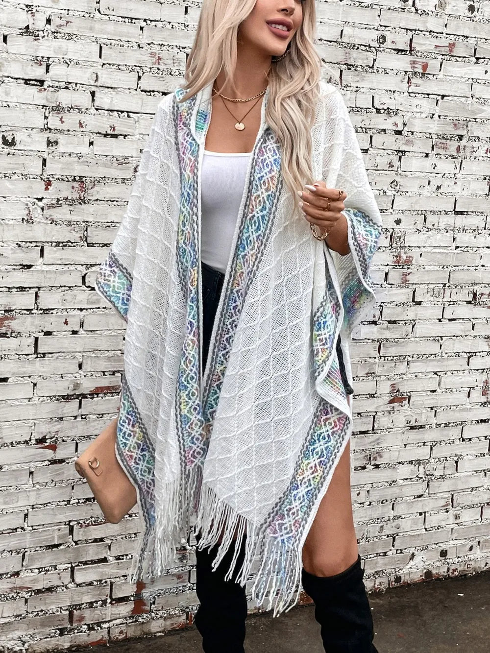Hooded Tassel Cloak Sweater Shawl for Women