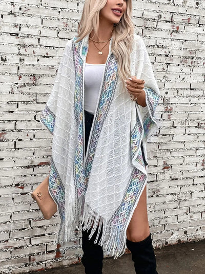 Hooded Tassel Cloak Sweater Shawl for Women