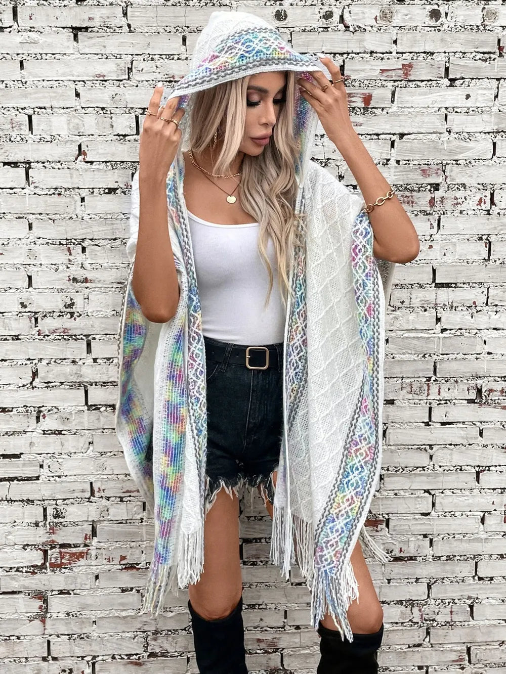 Hooded Tassel Cloak Sweater Shawl for Women