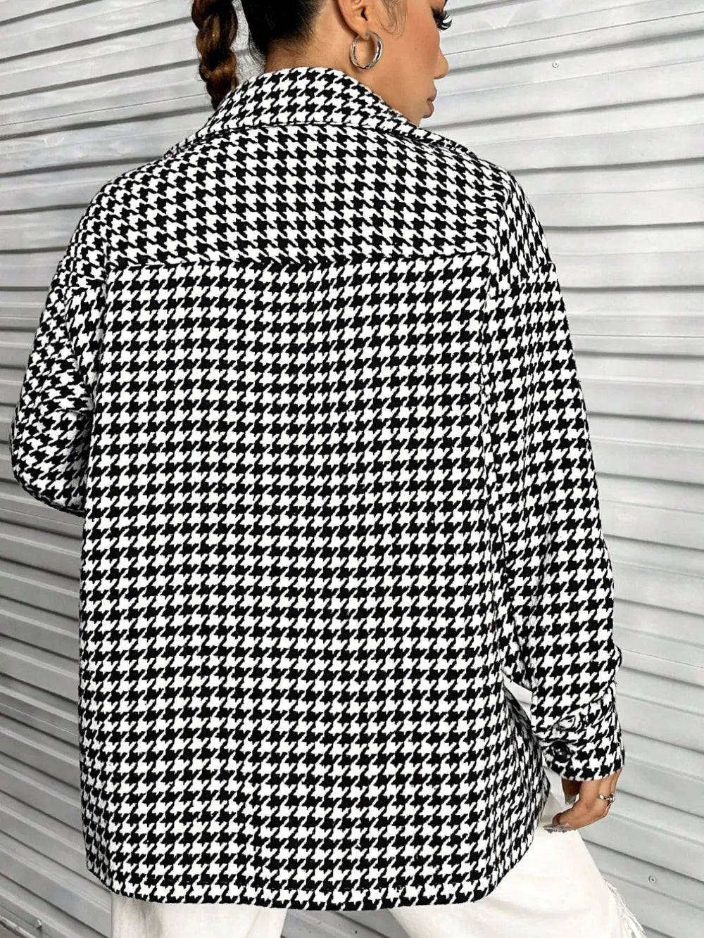 Houndstooth Button Down Long Sleeve Shacket - Korvel