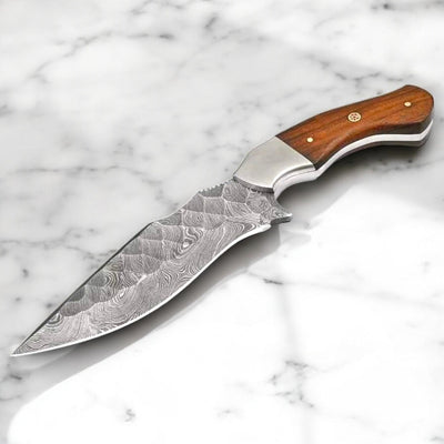 Premium Custom Damascus Steel Hunting Knife with Elegant Rosewood Handle – 9.25" with Leather Sheath - Korvel