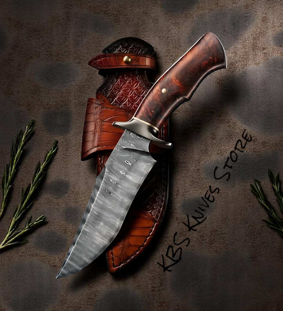 Premium Fixed Blade Hunting Knife – 7" Damascus Steel with Elegant Burl Rosewood Handle - Korvel