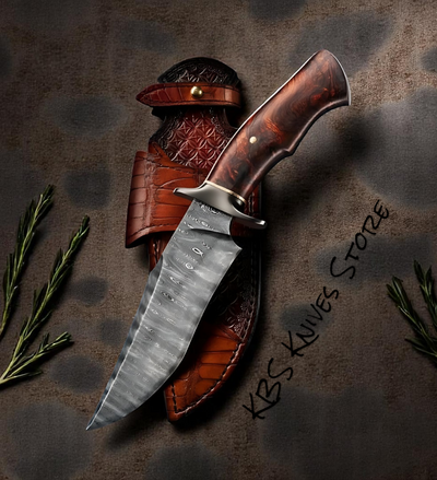 Premium Fixed Blade Hunting Knife – 7" Damascus Steel with Elegant Burl Rosewood Handle - Korvel