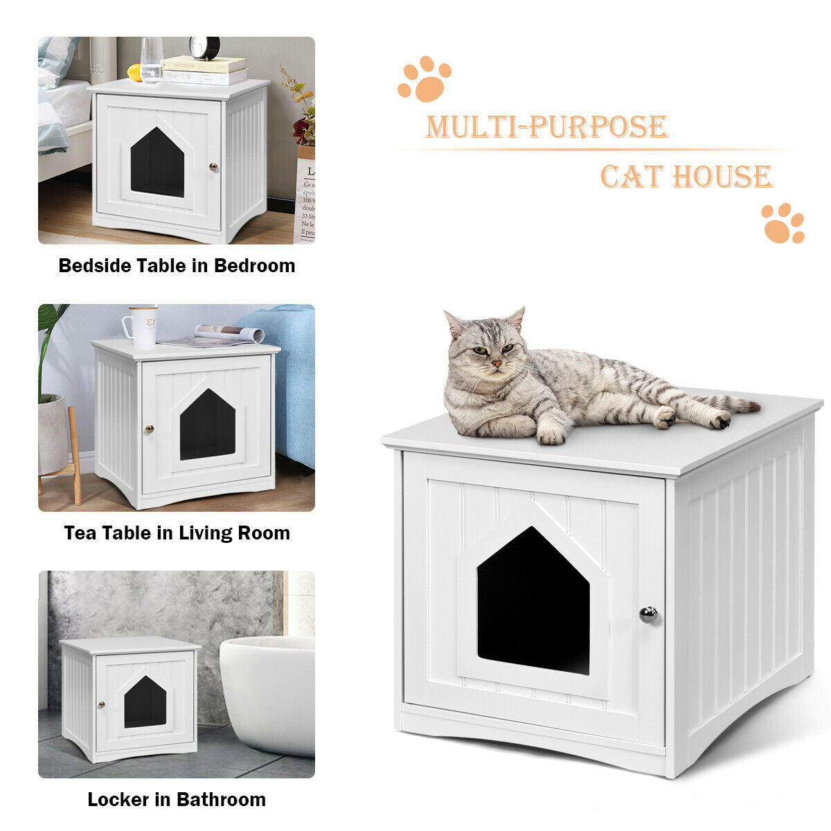 Weatherproof Multi-function Cat House Sidetable - White