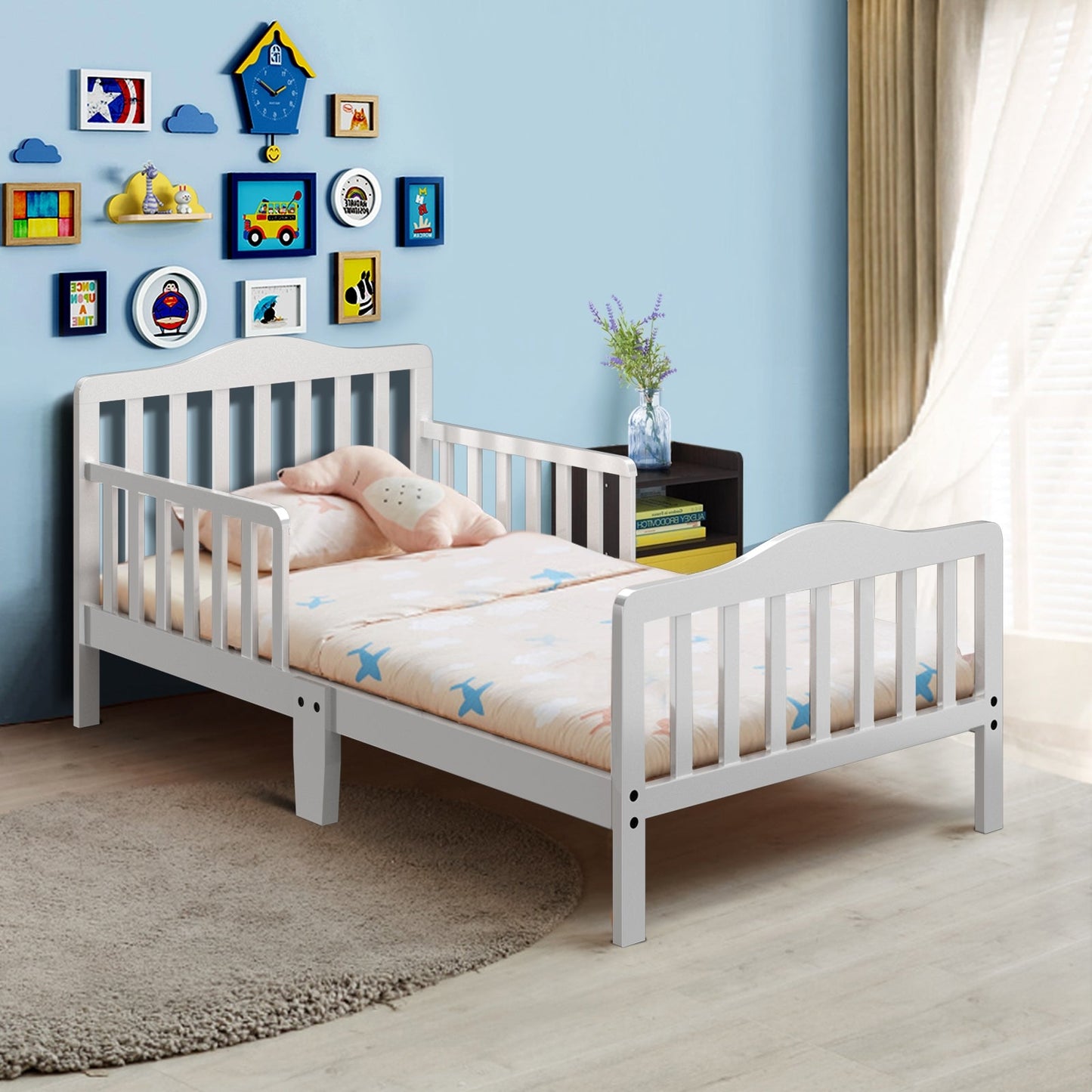 Classic Wood Toddler Bed Frame with Safety Guardrails - White