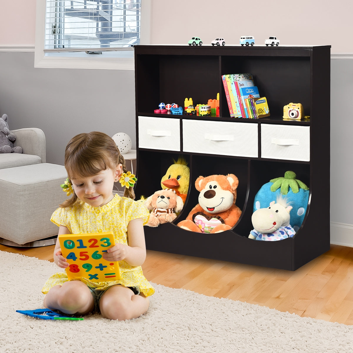 Freestanding Combo Cubby Bin Storage Organizer Unit with 3 Baskets - Brown