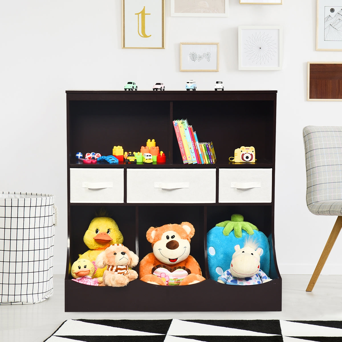 Freestanding Combo Cubby Bin Storage Organizer Unit with 3 Baskets - Brown